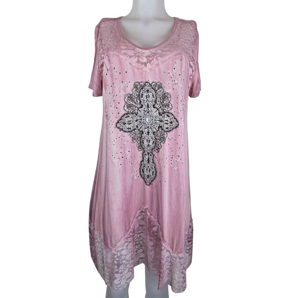 Vocal Lace Tie Dye Pink Cross Chrystal BlingTunic Women's Vacation Dress M